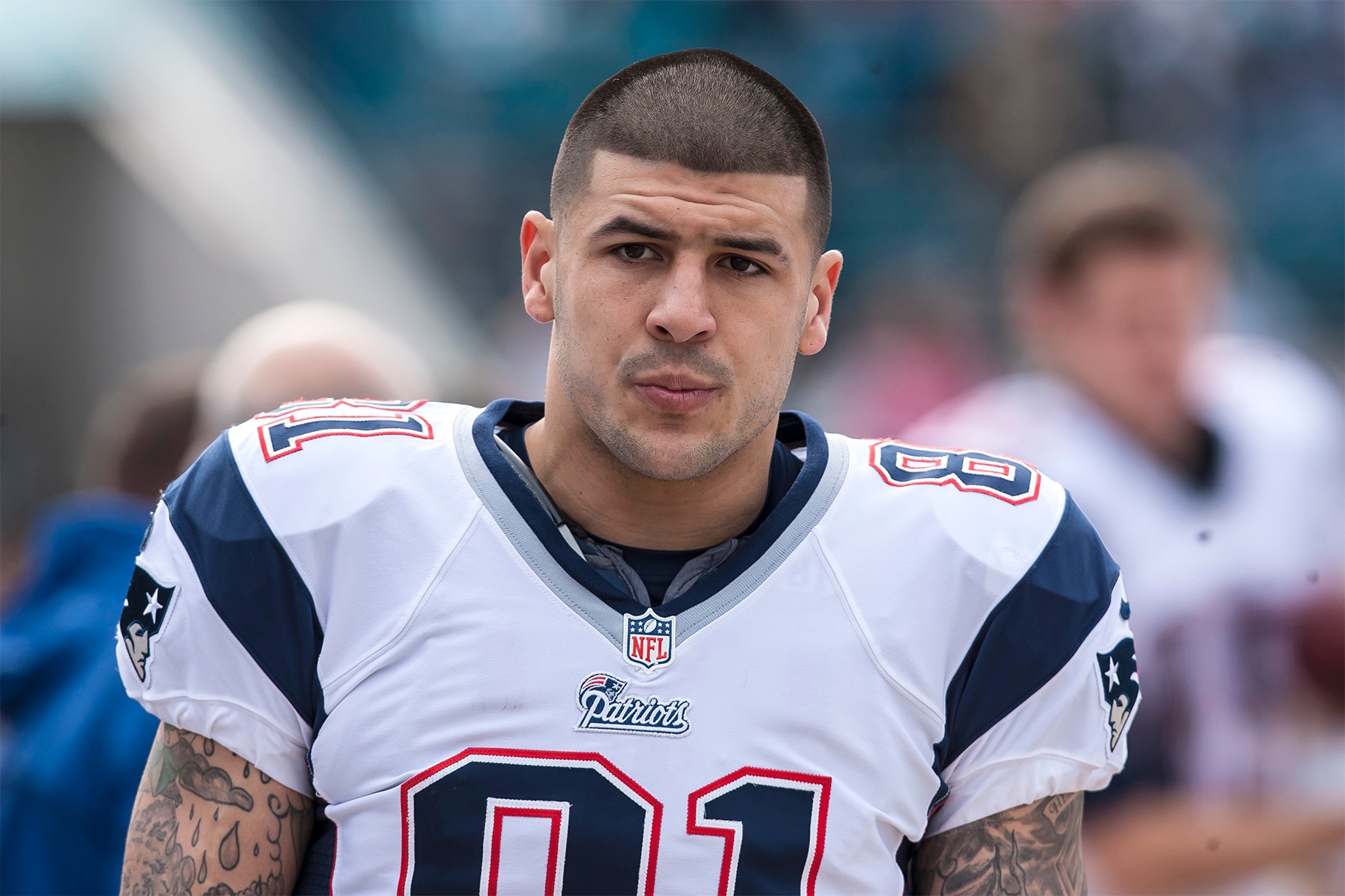 Aaron Hernandez in his football uniform on the football field in 2012