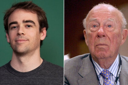 Whistleblower Tyler Shultz, pictured left, alongside his grandfather, former Theranos board member and U.S. secretary of state, George Shultz.