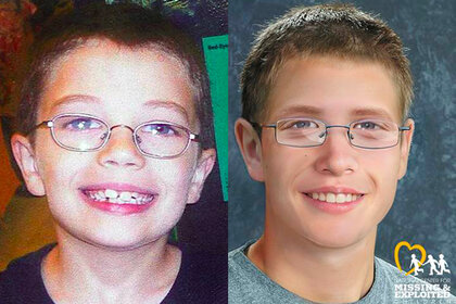 A photo of misisng child Kyron Horman when he was younger next to an aged progression photo