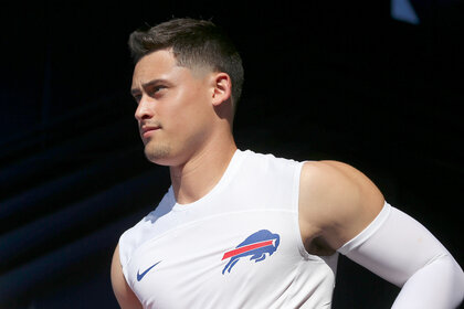 Matt Araiza of the Buffalo Bills takes the field during practice