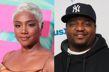 A side by side photo of Tiffany Haddish and Aries Spears