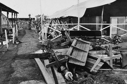 A collapsed building at the Jonestown compound in Guyana